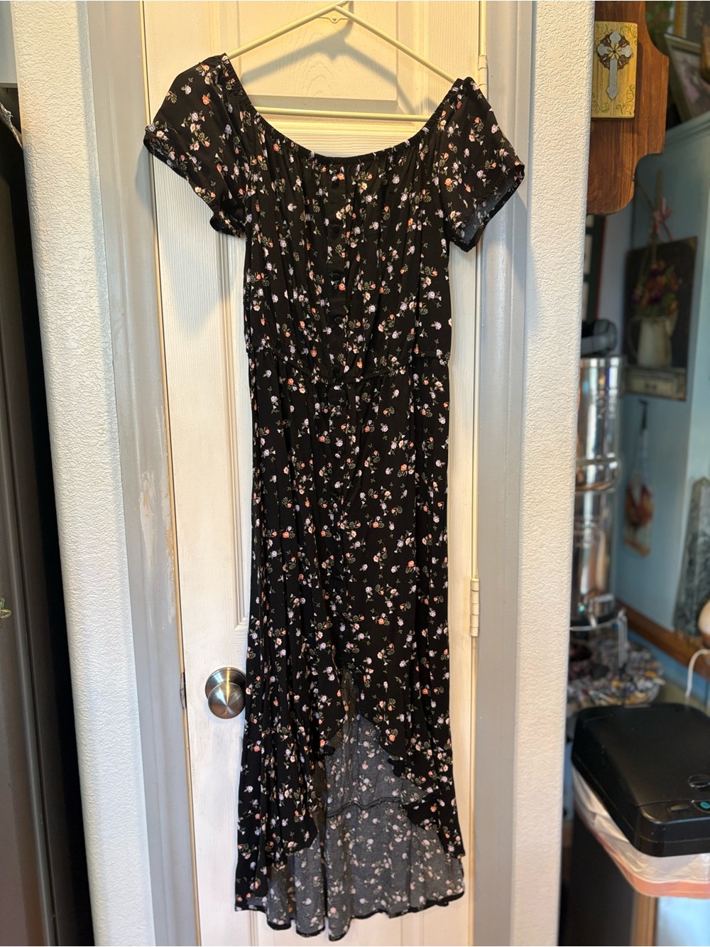 J for Justify Black Floral High-Low Off-Shoulder Dress